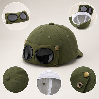 Detachable Goggle Pilot Baseball Cap Vintage Hat for Street Fashion & Daily Outfit