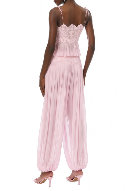 Pink Pleated Ruffled Top & Trousers Set