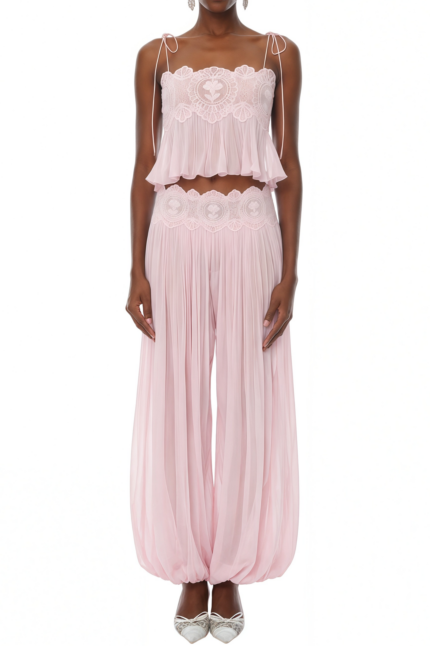 Pink Pleated Ruffled Top & Trousers Set