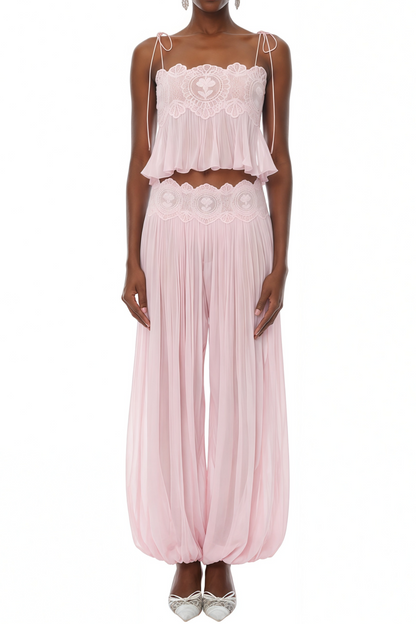 Pink Pleated Ruffled Top & Trousers Set