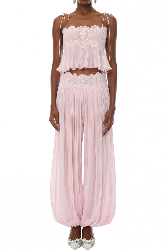 Pink Pleated Ruffled Top & Trousers Set
