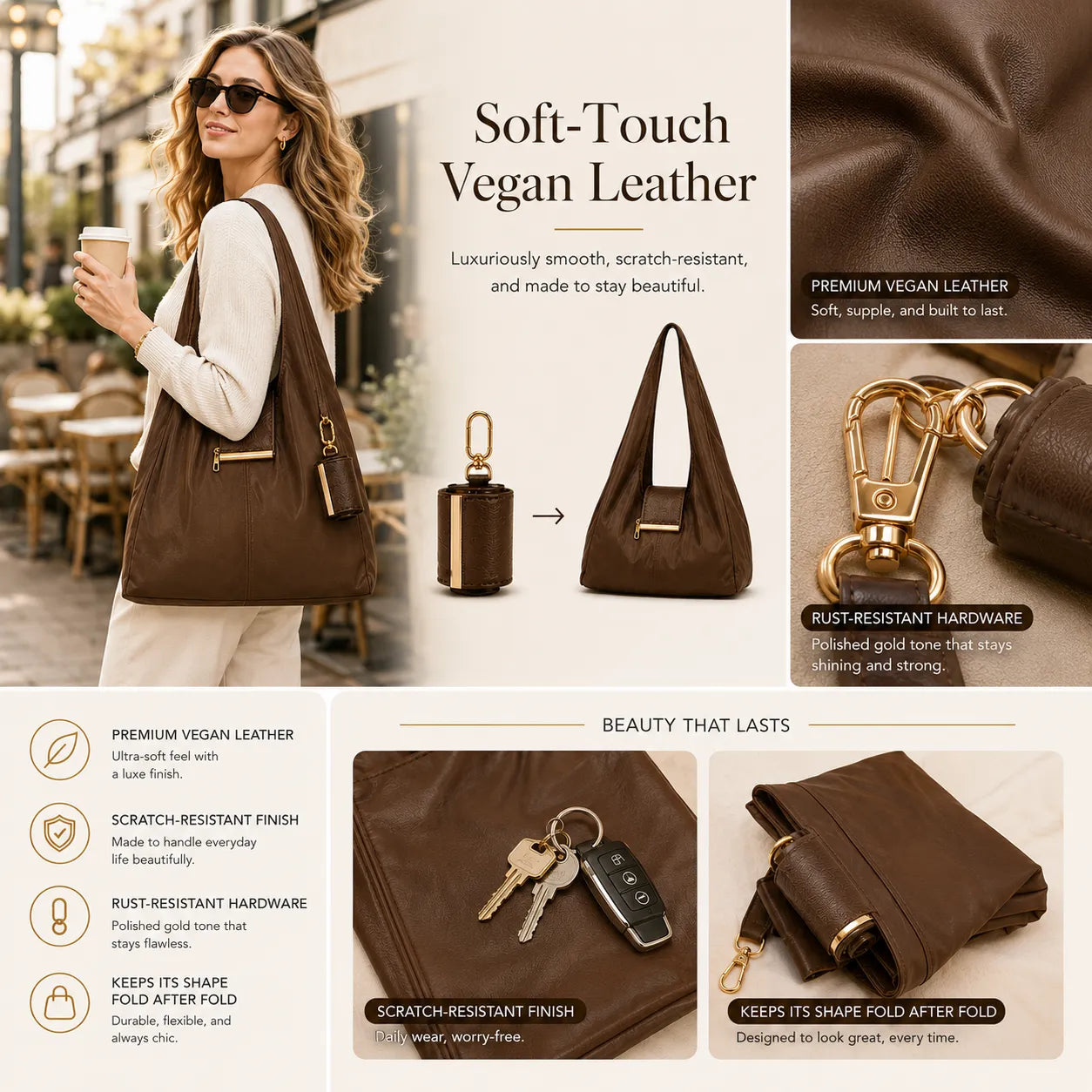 SOWINLY™ Varelli Charm Transformable Bag – Stylish Vegan Leather Tote & Keychain Charm