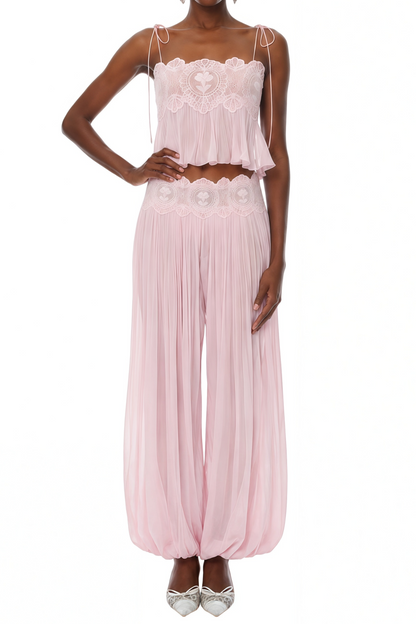 Pink Pleated Ruffled Top & Trousers Set