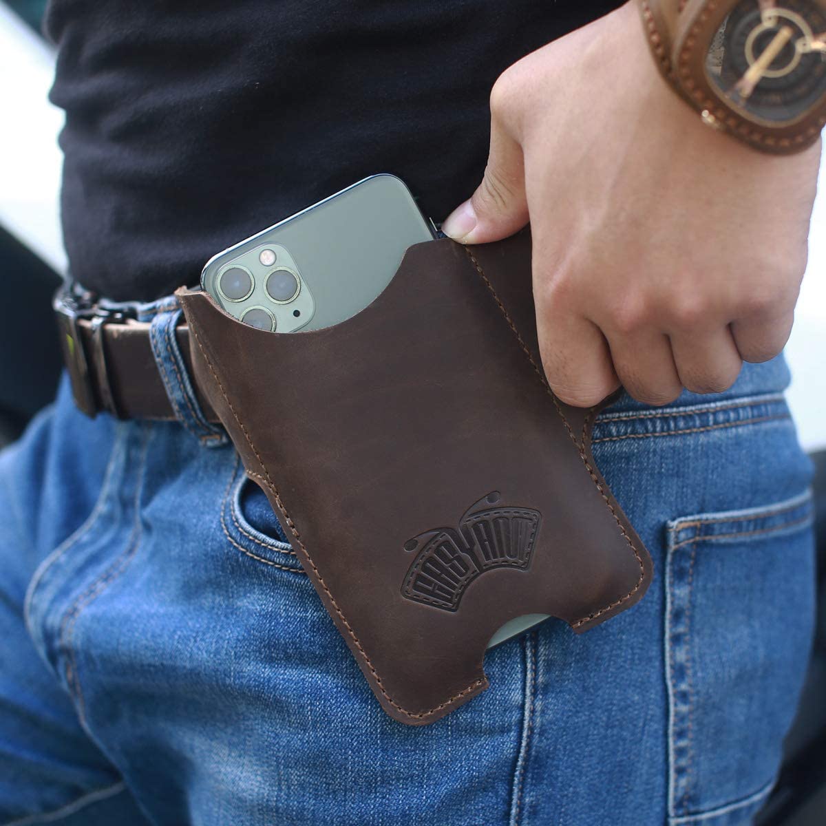 Men Leather Phone Holster Universal Case Waist Bag Purse with Belt Hole